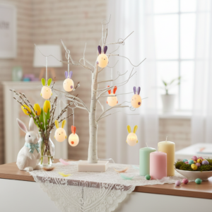 LED Osterbaum 50 cm mit 8 Hasen – Osterdeko Baum
