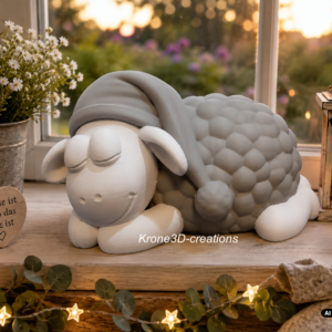 Schlaf-Schaf 19 cm mit 12 cm Erdspie&szlig; &ndash; 3D-Druck Dekofigur